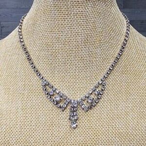 Vintage Art Deco Prong-Set Rhinestone Drop Necklace 15.75"L